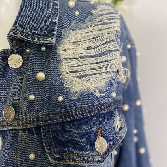 Sunset + Spring Denim Jacket Pearl Embellishment Bride Embroidered Size L NWOT - Picture 13 of 16
